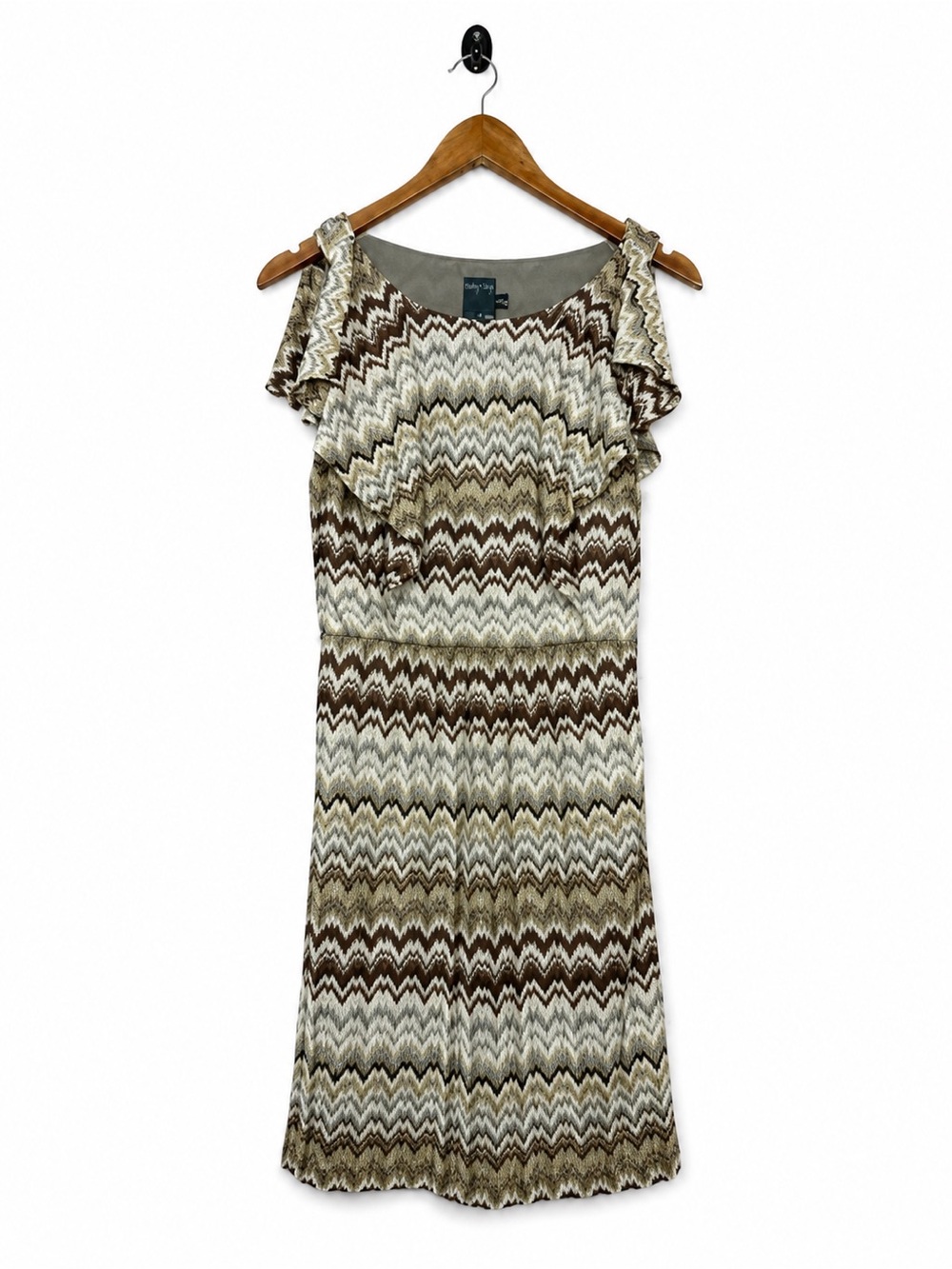 Gabby Skye Chevron Flutter Sleeve Midi Dress Brown Beige Size 4